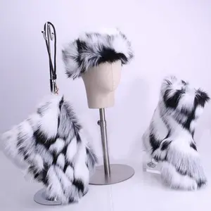 Women faux fluffy fur snow boots set ladies high winter warm furry fur boots with matching purse and headband