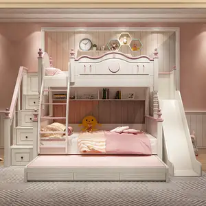 Literas de lujo con tobogán para dormitorio de niñas, conjunto de madera, Loft, color rosa