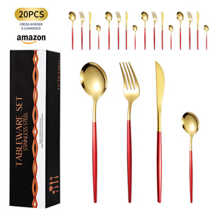 Stainless Steel Cutlery Set 20Pcs Gold <b>Red</b> Handle Tableware Dinnerware <b>Gift</b> <b>Box</b> Durable Western Style Fork Spoon Knife Set - Product Image 1