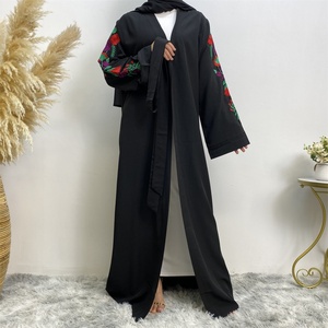 1713# Colorful Embroidery Flowers Loose Sleeves Pretty Elegant Simplicity Open Abaya 2 Colors - Product Image 3
