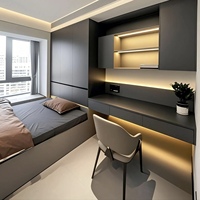 Ensemble de chambre à coucher moderne et minimaliste en bois avec armoire, lit et bureau intégrés, éclairage intégré, grande liberté de personnalisation en taille et couleur