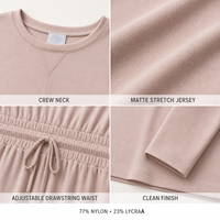 Robe décontractée minimaliste pour femme, douce, respirante, extensible, à manches longues, avec cordon de serrage au col et détail de ceinture à nouer à la taille, collection automne 2026