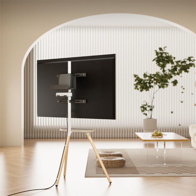 LUMI New Home Office Easel Studio Tripod TV Floor Stand With Mount and Shelf and 3 Wood Legs for 43 to 65 Inches | FS28-44F-04