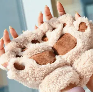 冬季手套纯色动物半指可爱猫爪保暖手套