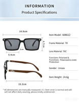 Lunettes de soleil carrées élégantes à monture intégrale, design flatteur pour grands visages, branches en TR motif bois, polarisées, protection UV, confortables