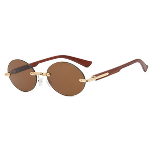 LMAMBA S060 Newest Trendy Retro Wooden Temples Shades Women's Men's Metal Rimless Oval Frame Custom UV400 <b>Sunglasses</b> 2024 - Product Image 4