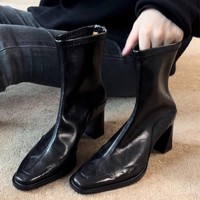 Nouvelle Collection Automne/Hiver 2026 – Bottines Femme à Talon Haut Carré, Talon Épais, Style Coréen Rétro, Coupe Courte