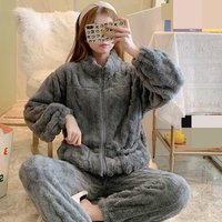 SAMWESTART Piyama Beludru Mawar Musim Gugur Musim Dingin untuk Wanita, Tebal Hangat Lengan Panjang dengan Ritsleting, Baju Rumah Set 2 Potong