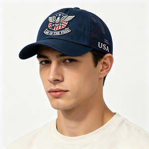 Casquette de camionneur personnalisée avec broderie patriotique, motif Aigle et Drapeau, en toile, dos en maille, réglable, unisexe, pour l'extérieur - Product Image 1