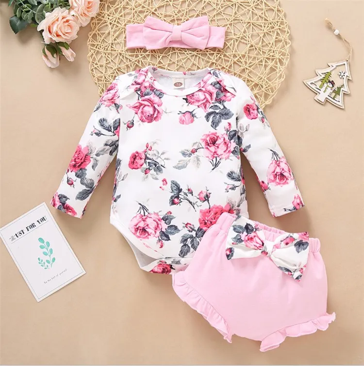 Roupas femininas estampadas florais, 3 peças, macacão curto, roupa de bebê