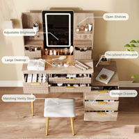 Coiffeuse avec miroir LED, 7 tiroirs, design cannelé, rangement pour bijoux et tabouret pour chambre à coucher