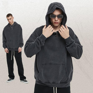 Oversized Box Fit Cropped Custom Print Grafisch 600G Katoenen Badstof Steen Wassen Zwarte Hoodie Gesneden En Naai Productiebedrijf H-217 - Product Image 2