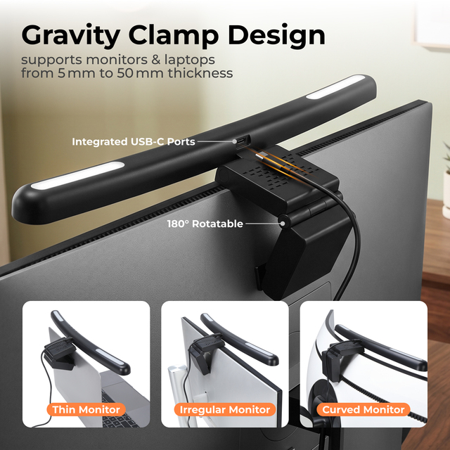 Clamp on RGB Backlight Monitor Light Bar with Touch Control LED Screen Bar USB-C Powered Desk Screen Lamp for Home Gaming Setup