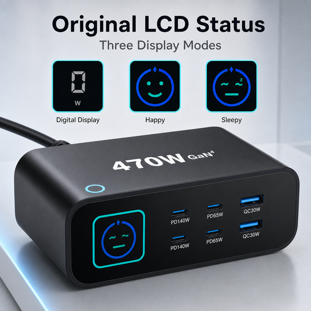 470W Smart Screen Digital Display USB Type C GaN PD 3.1 Desktop Charger 6 Ports Fast Charging Power Station for Laptop
