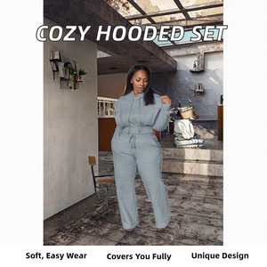 BR4986 Ensemble deux pièces décontracté pour femme, style sportif, avec sweat à capuche et dentelle, pantalon large, en tissu polyester tissé uni et écologique, collection automne - Product Image 2