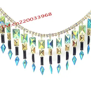 High Quality Customized Blue AB Acrylic Resin Tassel Sewing Trim Crystal Rhinestone Fringe Metal Chain for Carnival Costume Bags