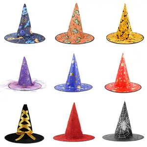 Wholesale Masquerade Party Decoration Hat Spider Pumpkin Bat Print Halloween Hat Tall Pointy Top Witch Hat