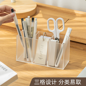 Three Compartment Transparent Pen Holder Plastic Desk Storage Box For Office Student Stationery Organization - Product Image 5
