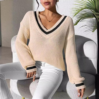 Pull décontracté en maille plate à col en V pour femme, style preppy, color block, manches longues lanternes amples, en polyester standard, pour l'hiver