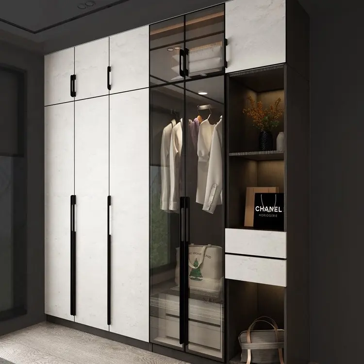 Moderno Walk In Closet System Organizador Ropa Gabinete Personalizado Nuevo Diseño Madera Vidrio Dormitorio Armario