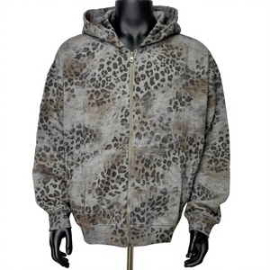 Sudadera con Capucha y Cremallera para Hombre, Estampado de Leopardo, Estilo Casual, Corte Holgado, Felpa Francesa, 100% Poliéster, para Otoño - Product Image 1