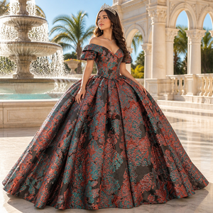 ชุดเดรสงาน Quinceanera แบบยาวลากพื้น ดีไซน์พิเศษ สีดำ แต่งผ้าแจ็คการ์ดลายหัวใจ ประดับคริสตัลปักลาย ป้องกันไฟฟ้าสถิต - Product Image 1