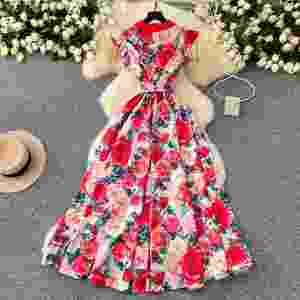 Elegante Vestido Midi Casual con Cuello Camisero para Mujer, Manga Mariposa, Estampado de Encaje, Amarillo - Product Image 4