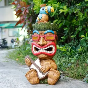 1pc, Statue Tiki Hawaïenne de 13 pouces-Figure sculptée en bois coloré et vibrant avec tenue traditionnelle et guitare - Product Image 4