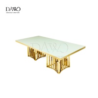 Table à manger rectangulaire moderne de luxe pour l'extérieur, avec cadre doré et plateau en verre, pour mariages, restaurants, hôtels, meubles