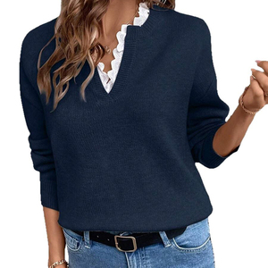 Pull en maille pour femme, style automne-hiver 2026, nouveau style, dentelle, col en V, couleur unie, ample, manches longues - Product Image 5