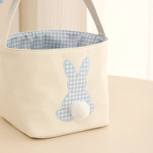 Sac à bonbons personnalisé rose bleu mignon seau à œufs paniers de pâques à carreaux avec garniture <span class=keywords><strong>pompon</strong></span> - Product Image 5