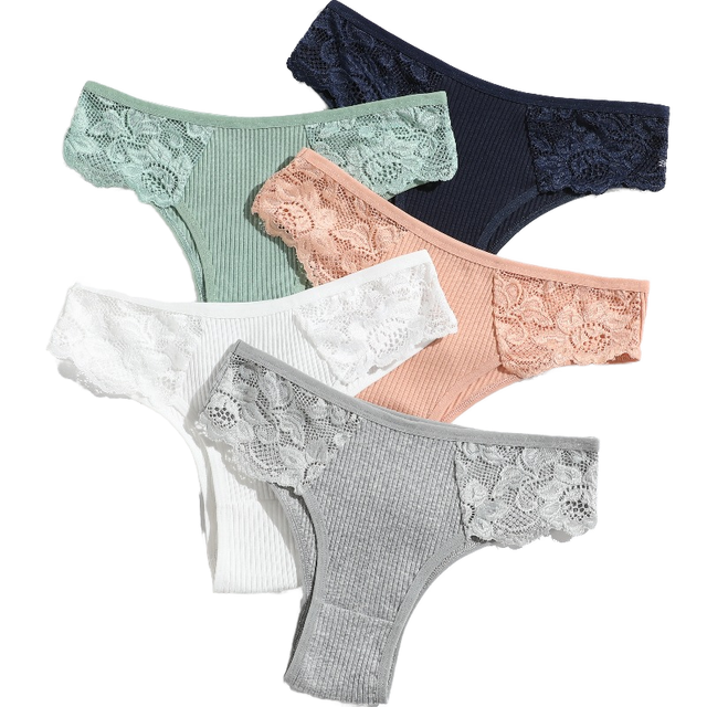 New Women's Everyday Low-Rise Bikini Panties Solid Color Breathable Double-Layer Knitted Cotton Ribbed Lace Anti-Bacterial Thin