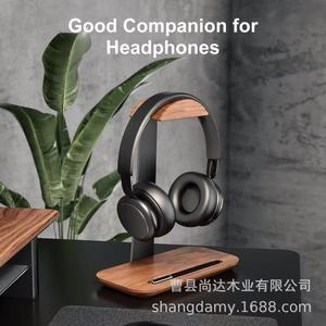 Wooden gaming <b>headset</b> <b>stand</b> with phone storage base and pen slot; tabletop iron and wood combination storage rack - Product Image 4