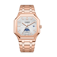Montre automatique carrée HANBORO en or rose pour homme, avec date, phases de lune, mouvement mécanique, cristal, 10 bars, bracelet en acier inoxydable, style business et habillé