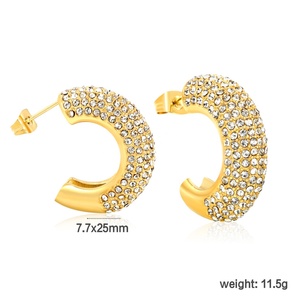Pendientes de Aro Gruesos de Acero Inoxidable con Baño de Oro de 18k, Diseño en Forma de C, con Incrustaciones de Diamantes y Circonitas, Resistentes al Agua, Venta al por Mayor de Joyería de Moda para Mujer - Product Image 2