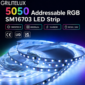 Flexible <b>RGB</b> LED Ribbon SM16703 SMD5050 DC12V 60 LEDs/m 20 Pixels/m 10mm PCB 14.4W/m Digital Pixel <b>Control</b> for Event Lighting - Product Image 1