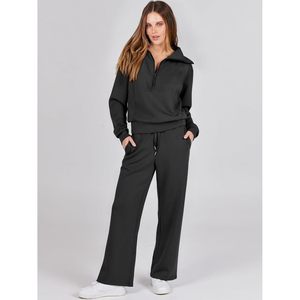Conjunto Deportivo Casual de 2 Piezas para Mujer, Pantalones Anchos de Punto, Tops Largos con Cremallera para Vacaciones y Viajes - Product Image 1