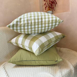 Green Plaid And Striped Decorative <b>Pillows</b> Square Removable Linen Living Room <b>Sofa</b> Cushions - Product Image 3