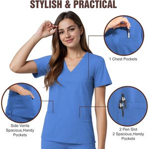 Women Scrub Top V-Neck 4 Pocket Premium Stretch Medical Workwear Hospital Uniform Blue - Product Image 3