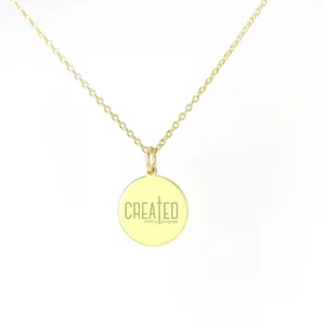 Custom Engraved Christian Bible Saying Necklace 'Created With A Purpose' disc round 18k gold engraved coin pendant necklace