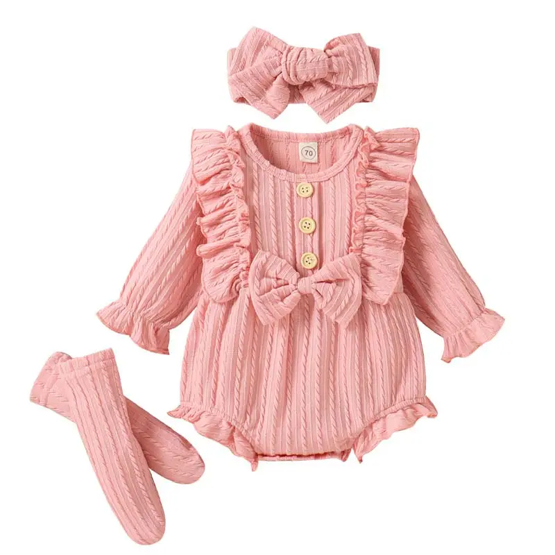 Herbst Winter Neugeborenes Baby Mädchen Kleidung Rüschen Solid Sweater Langarm Stram pler Haarband Socken 3Pcs LSBR-005