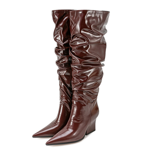 Bottes hautes plissées à talon compensé épais pour femme, coupe large, avec fermeture éclair latérale, grande taille 45 - Product Image 4