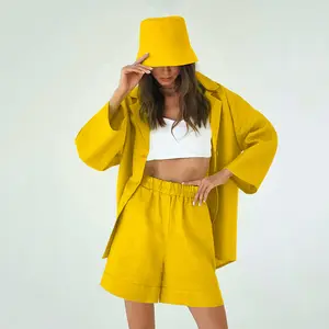 Custom High Quality Linen Clothing 2023 Casual Yellow Sets For Women Two Piece Home Wear Short Pants Vacation Outfits