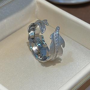 S925 Pure Silver Leaf <b>Ring</b> Niche Design Simple Fashionable Vintage Zircon Micro-Inlaid <b>Open</b> Mouth <b>Ring</b> Rhodium Plated Jewelry - Product Image 4