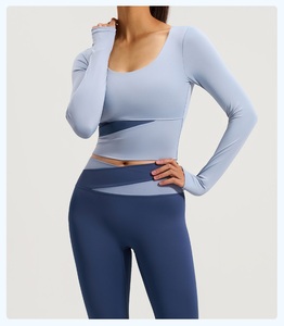 Tenue de yoga respirante à manches longues et blocs de couleur, coupe ample, pour Pilates, entraînement, course et fitness, avec logo frontal - Product Image 5
