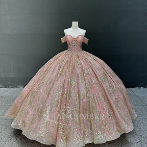 ชุดเดรสงาน Quinceanera สีโรสโกลด์ ประดับด้วยงานปักโลหะ ลูกปัด และแอพพลิเค พร้อมชายกระโปรงยาวแบบ Chapel Train ทรงบอลกาวน์ สำหรับงานปาร์ตี้ - Product Image 5