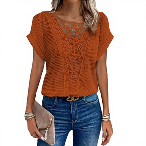 T-<span class=keywords><strong>shirt</strong></span> à col rond en dentelle respirante pour femmes, haut décontracté à manches courtes élégant pour les vacances d'été, chemisier à trous - Product Image 4
