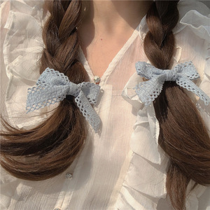Blue plaid hair <b>clip</b>, spring-colored hair accessory, creamy lace <b>bow</b> hair tie, high-end hair accessory. - Product Image 3