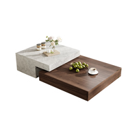 Table basse minimaliste pour salon, design extensible avec plateau effet marbre blanc et base en placage de noyer avec rangement