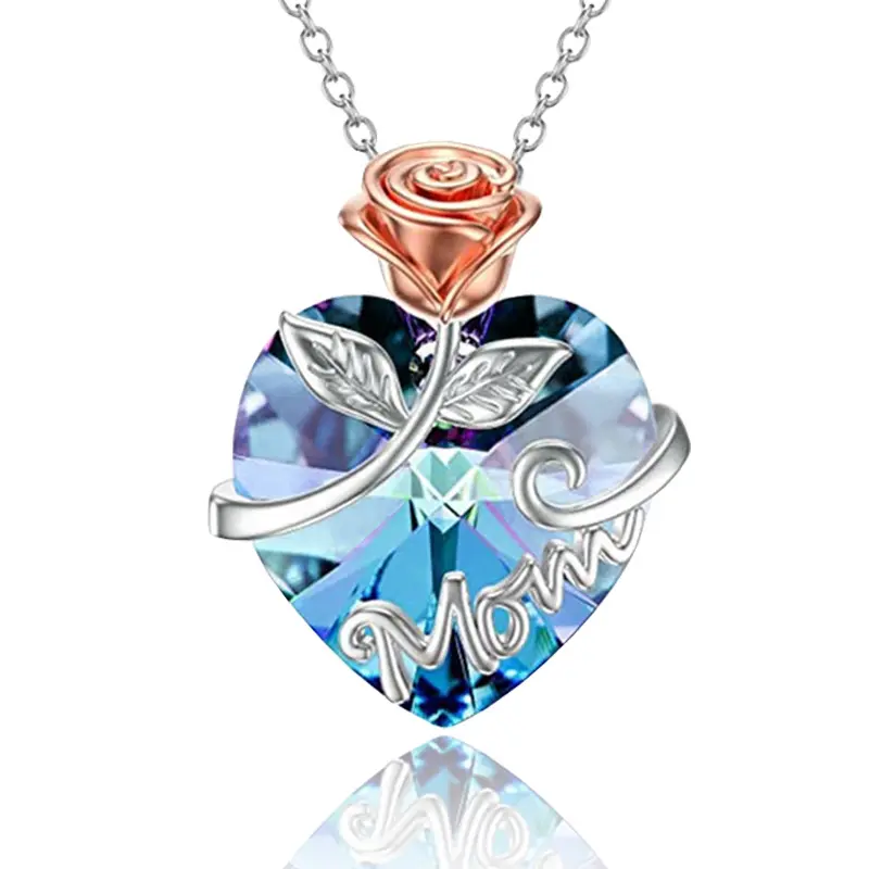 Fashion 2 Tone Ocean Heart Rose Flower Winding Love Crystal Mother Day Gift Necklace For Mom